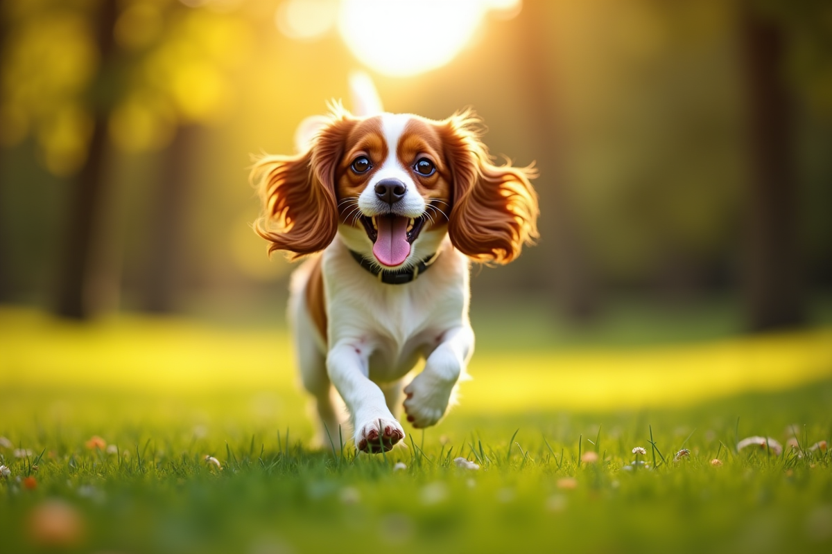 Chien cavalier king charles courant dans parc ensoleille