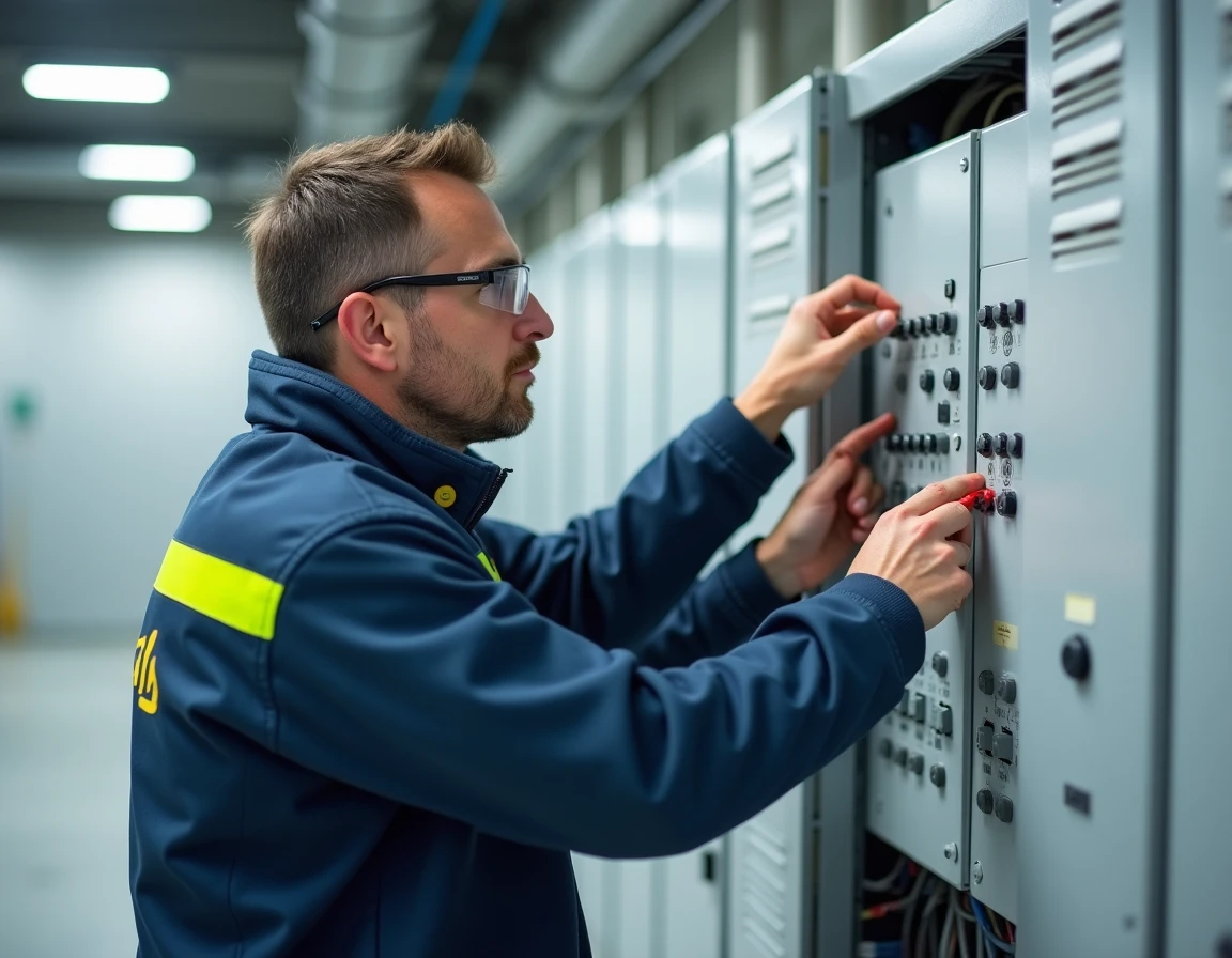 Technicien Centrelec câblant un tableau électrique dans un bâtiment commercial en Corrèze