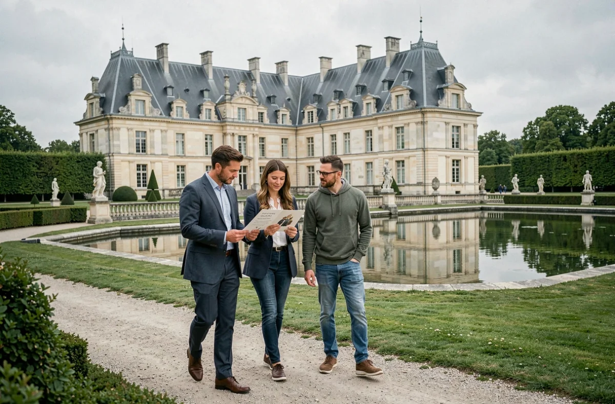 Visiteurs tenant des indices devant la façade du Château de Chantilly lors d'un escape game