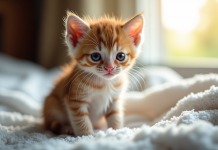 Petit chaton mouille sur serviette blanche près d'une fenêtre