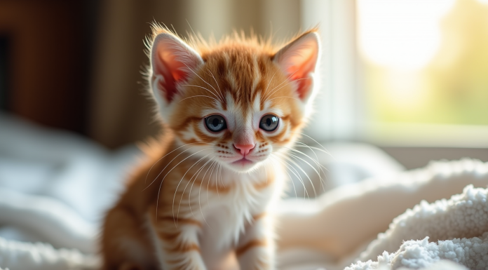 Petit chaton mouille sur serviette blanche près d'une fenêtre