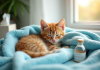 Chaton orange peluche dans une couverture bleue lumineuse