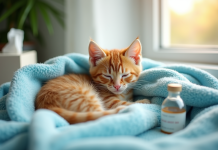 Chaton orange peluche dans une couverture bleue lumineuse