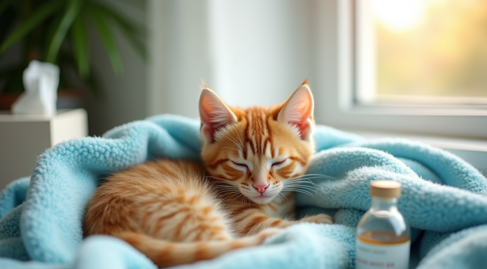 Chaton orange peluche dans une couverture bleue lumineuse