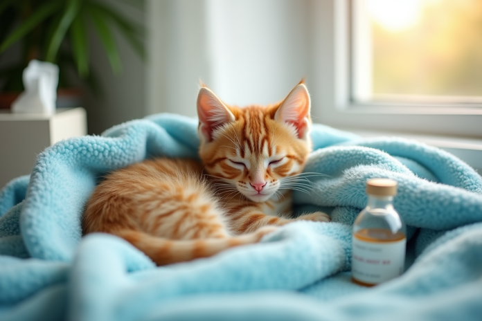 Chaton orange peluche dans une couverture bleue lumineuse