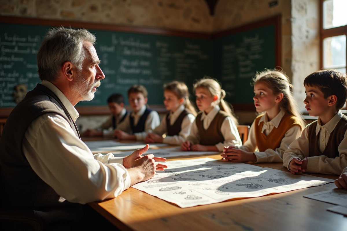 Jeunes étudiants en classe avec professeur et cartes éducatives