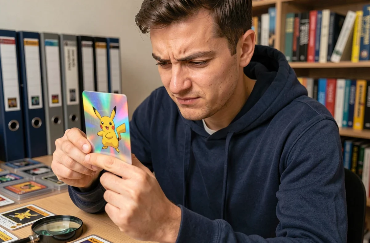 Collectionneur adulte examinant attentivement une carte Pokémon Pikachu holographique rare pour en vérifier l'authenticité
