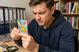 Collectionneur adulte examinant attentivement une carte Pokémon Pikachu holographique rare pour en vérifier l'authenticité