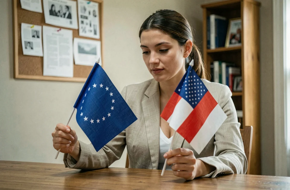 Jeune femme comparant un drapeau officiel et un modèle fantaisie jaune vert rouge étoile posés côte à côte sur un bureau en bois