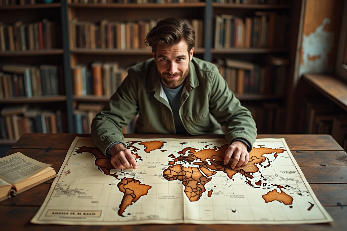 Homme comparant deux projections cartographiques différentes sur une table de bibliothèque, montrant les distorsions de superficie entre pays