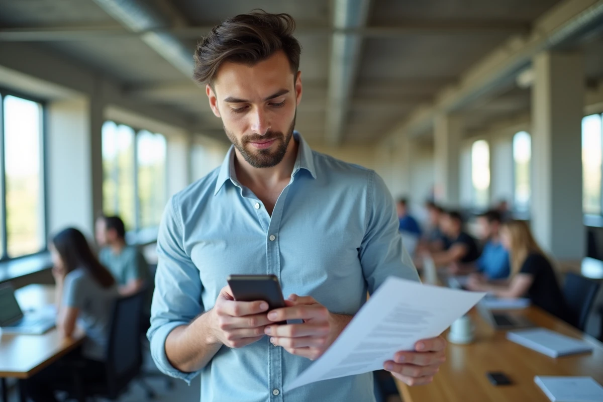 Jeune professionnel comparant renseignement notarial en ligne et consultation en cabinet sur smartphone