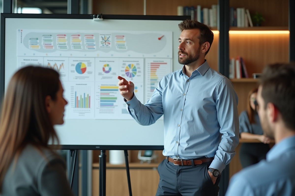 Consultant expliquant un diagramme devant ses collègues