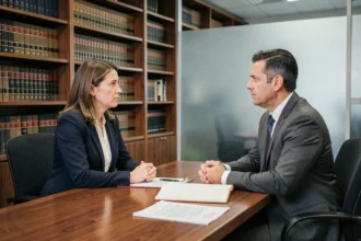 Salariée en consultation avec un avocat spécialisé en droit du travail dans un cabinet juridique professionnel
