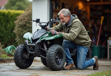 Entretenir votre quad homologué 50 cc pour adulte : conseils et astuces Homme vérifiant la pression des pneus d'un quad 50cc