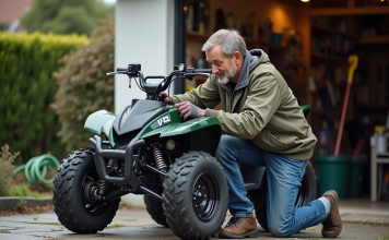 Entretenir votre quad homologué 50 cc pour adulte : conseils et astuces Homme vérifiant la pression des pneus d'un quad 50cc