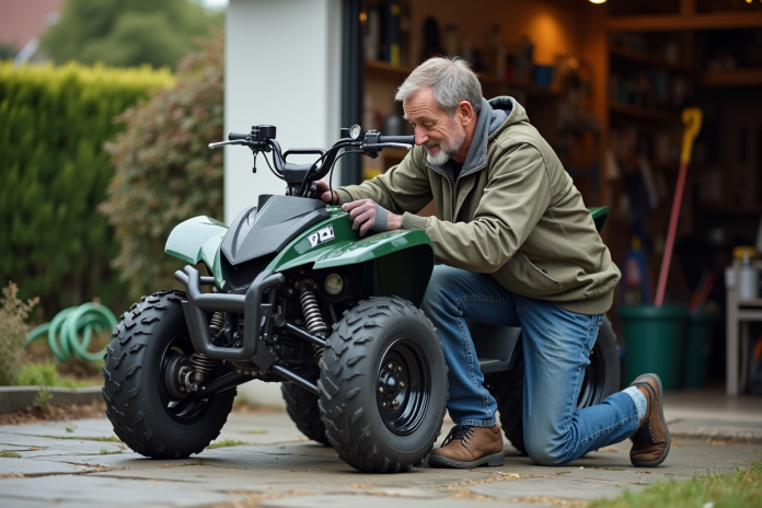 controle-pneus-quad-manoeuvre Homme vérifiant la pression des pneus d'un quad 50cc