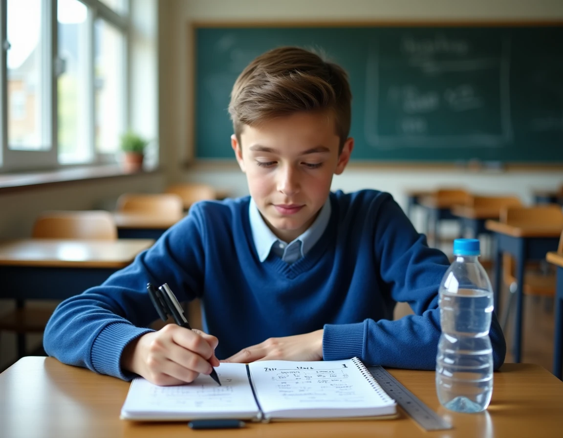 Élève écrivant une formule de conversion de litres en millilitres dans un cahier scolaire