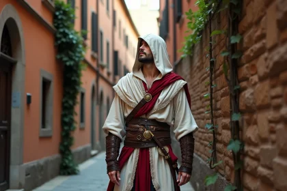 Cosplayer en costume de héros Renaissance inspiré d'Ezio Auditore dans une ruelle florentine pavée