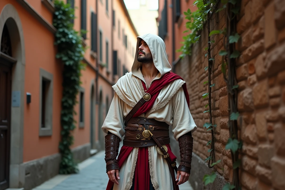 Cosplayer en costume de héros Renaissance inspiré d'Ezio Auditore dans une ruelle florentine pavée