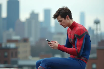 Jeune homme en costume Spider-Man assis sur un toit urbain regardant son smartphone, illustration de l'ordre de visionnage des films Tom Holland