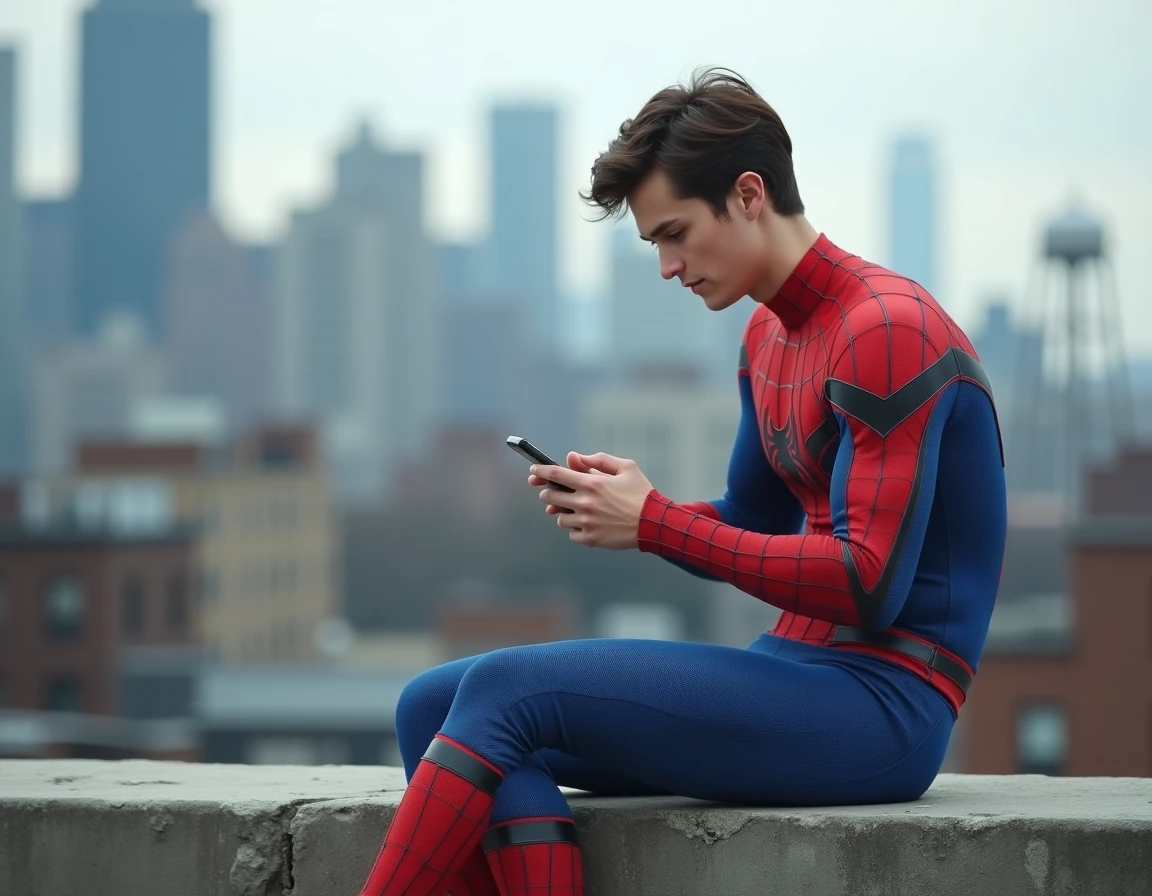 Jeune homme en costume Spider-Man assis sur un toit urbain regardant son smartphone, illustration de l'ordre de visionnage des films Tom Holland