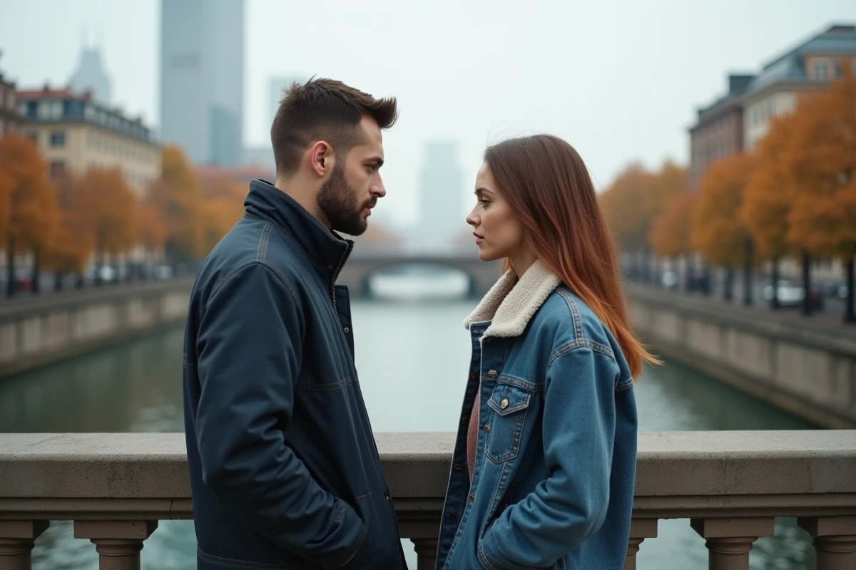 Couple distant sur un pont en ville illustrant les erreurs d'interprétation de la flamme jumelle et les blocages dans la relation spirituelle