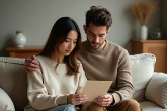 Couple assis séparément sur un canapé, une femme lit un mot de réconciliation pour la Saint-Valentin après une dispute