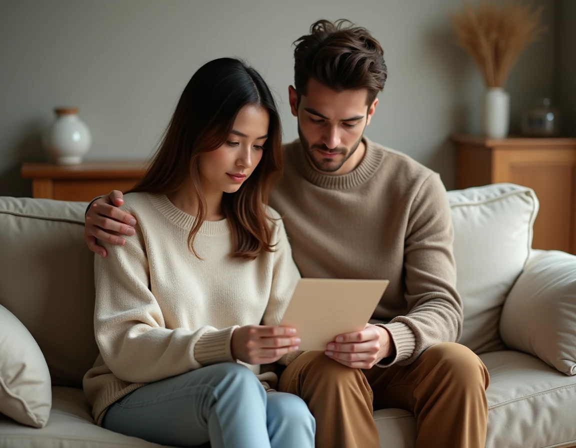Couple assis séparément sur un canapé, une femme lit un mot de réconciliation pour la Saint-Valentin après une dispute