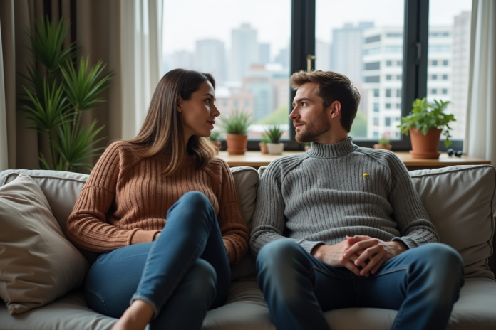couple-salon-distance Couple assis sur un canapé dans un salon moderne