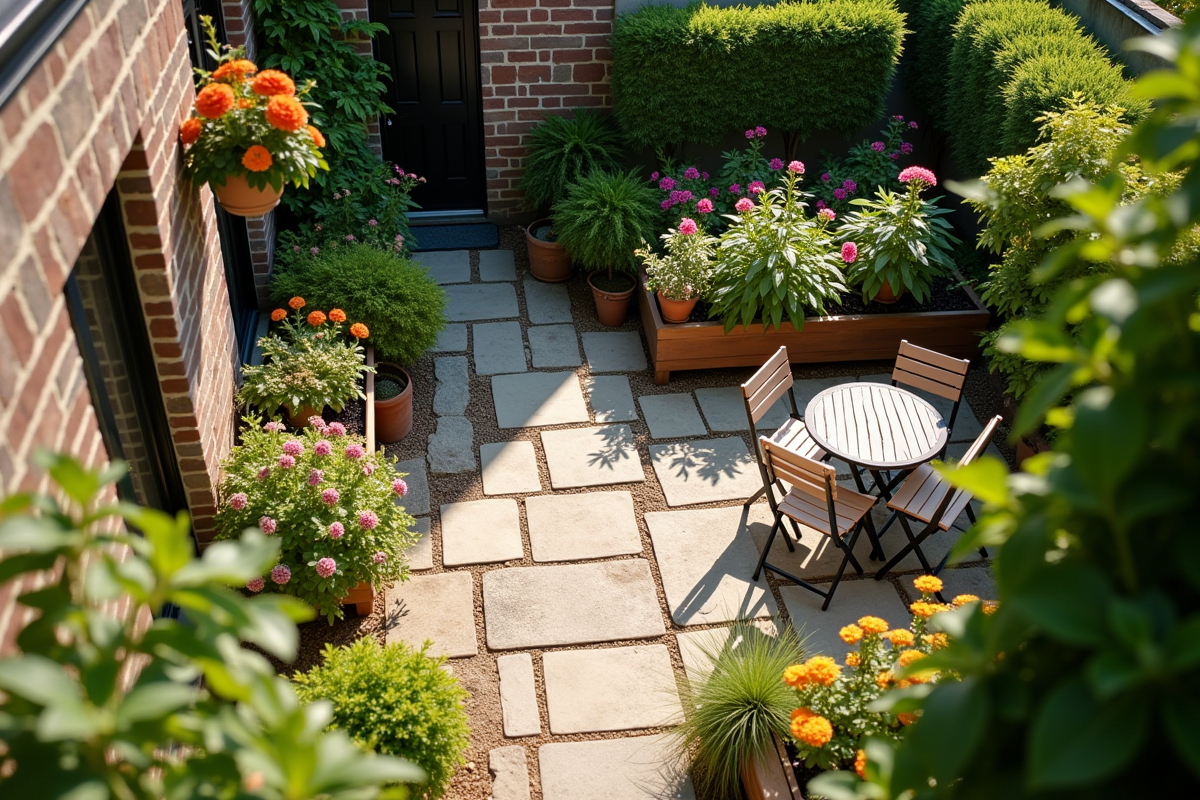 Cour jardin fleuri vu du dessus avec chemin et mobilier