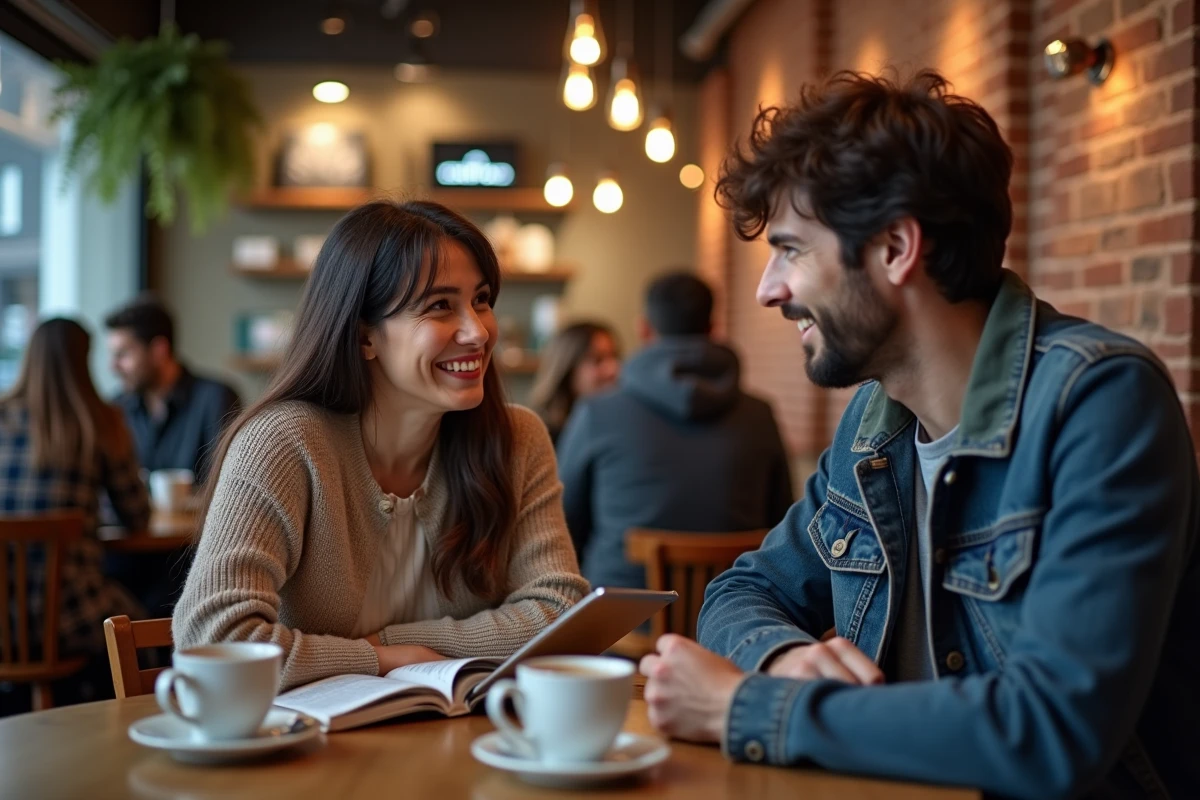 Deux amis discutant d'un manga ouvert et d'un anime affiché sur une tablette autour d'un café dans un bar branché à l'atmosphère urbaine