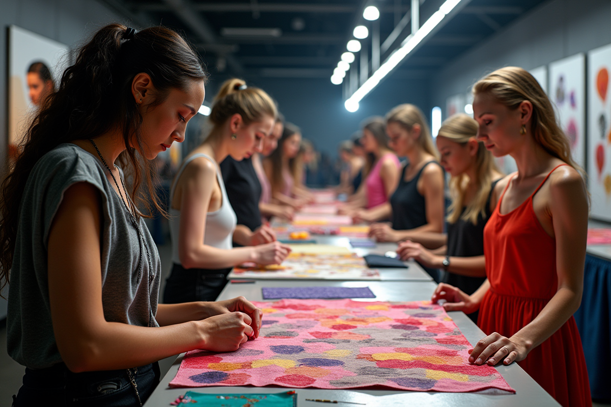 Backstage d un défilé de mode moderne avec créateurs et tissus