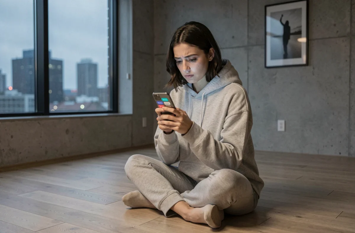 Jeune femme absorbée par son smartphone dans un appartement minimaliste, illustrant les dérives du monde connecté et l'addiction numérique