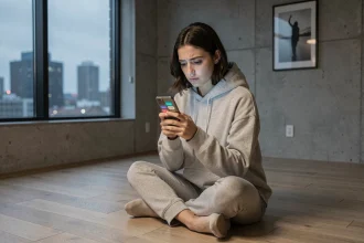 Jeune femme absorbée par son smartphone dans un appartement minimaliste, illustrant les dérives du monde connecté et l'addiction numérique