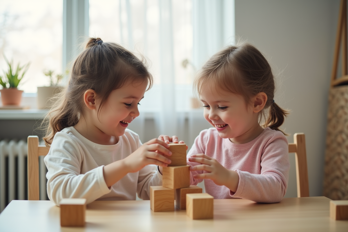 Deux jeunes filles empilant des blocs en bois dans une nurserie moderne