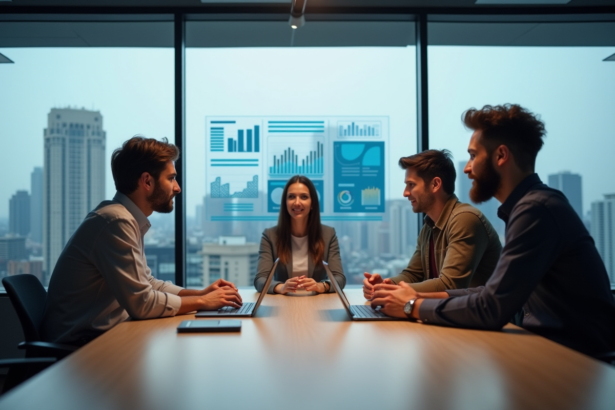 Groupe de développeurs collaborant dans un bureau moderne