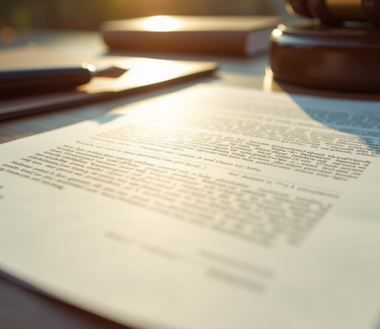 Document juridique avec notes manuscrites et stylo à proximité