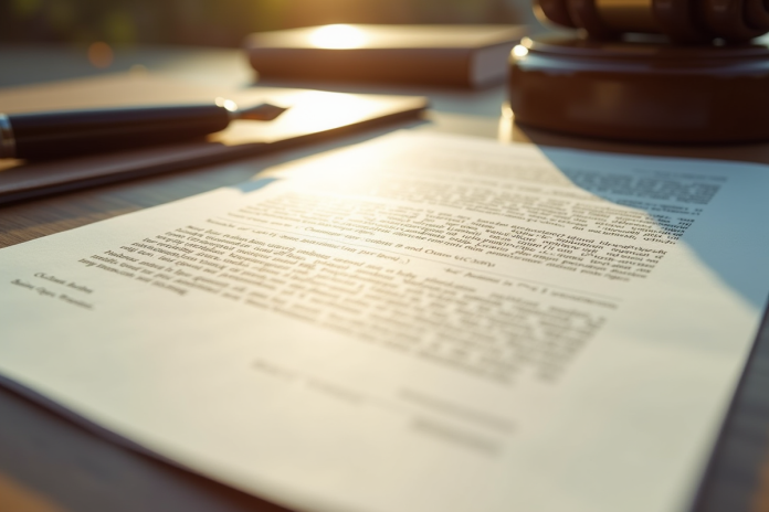Document juridique avec notes manuscrites et stylo à proximité