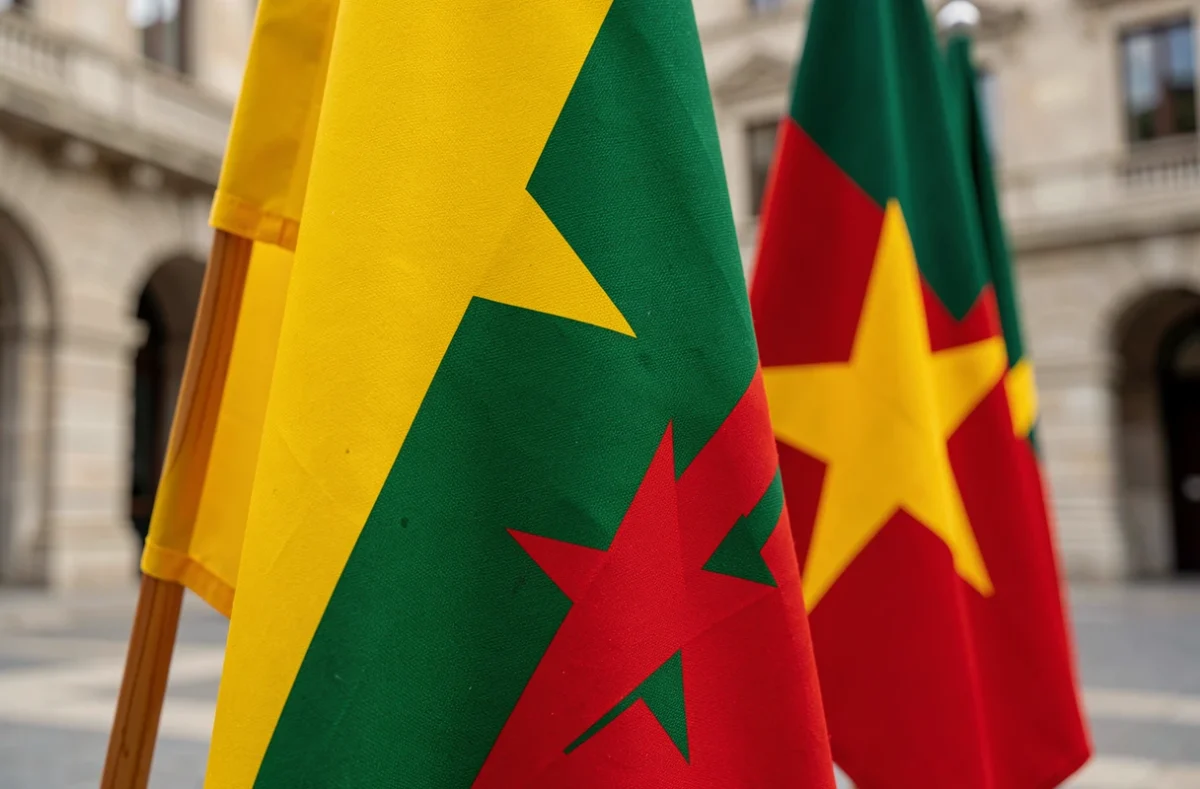 Gros plan sur plusieurs drapeaux à dominante jaune, vert et rouge avec étoile, affichés côte à côte sur des mâts en bois dans une place publique