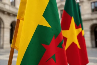 Gros plan sur plusieurs drapeaux à dominante jaune, vert et rouge avec étoile, affichés côte à côte sur des mâts en bois dans une place publique