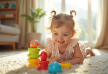 Jeune fille jouant avec des jouets éducatifs colorés dans le salon