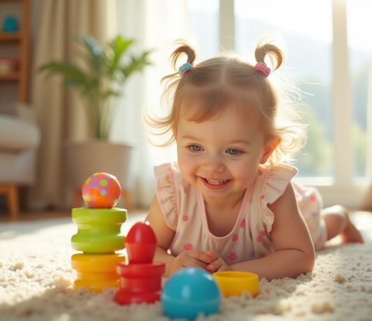 Jeune fille jouant avec des jouets éducatifs colorés dans le salon