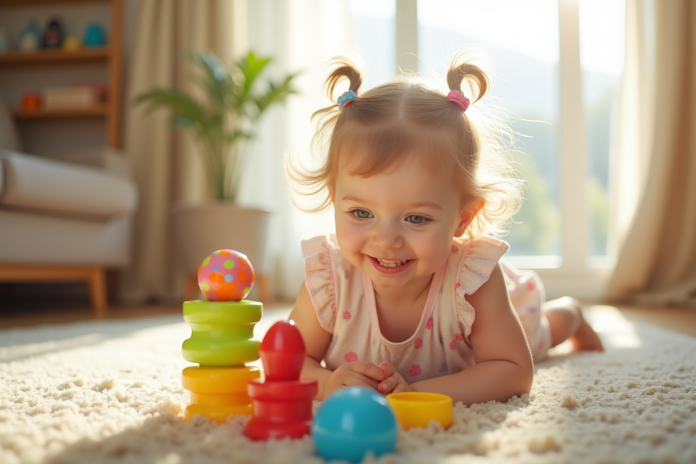 Jeune fille jouant avec des jouets éducatifs colorés dans le salon