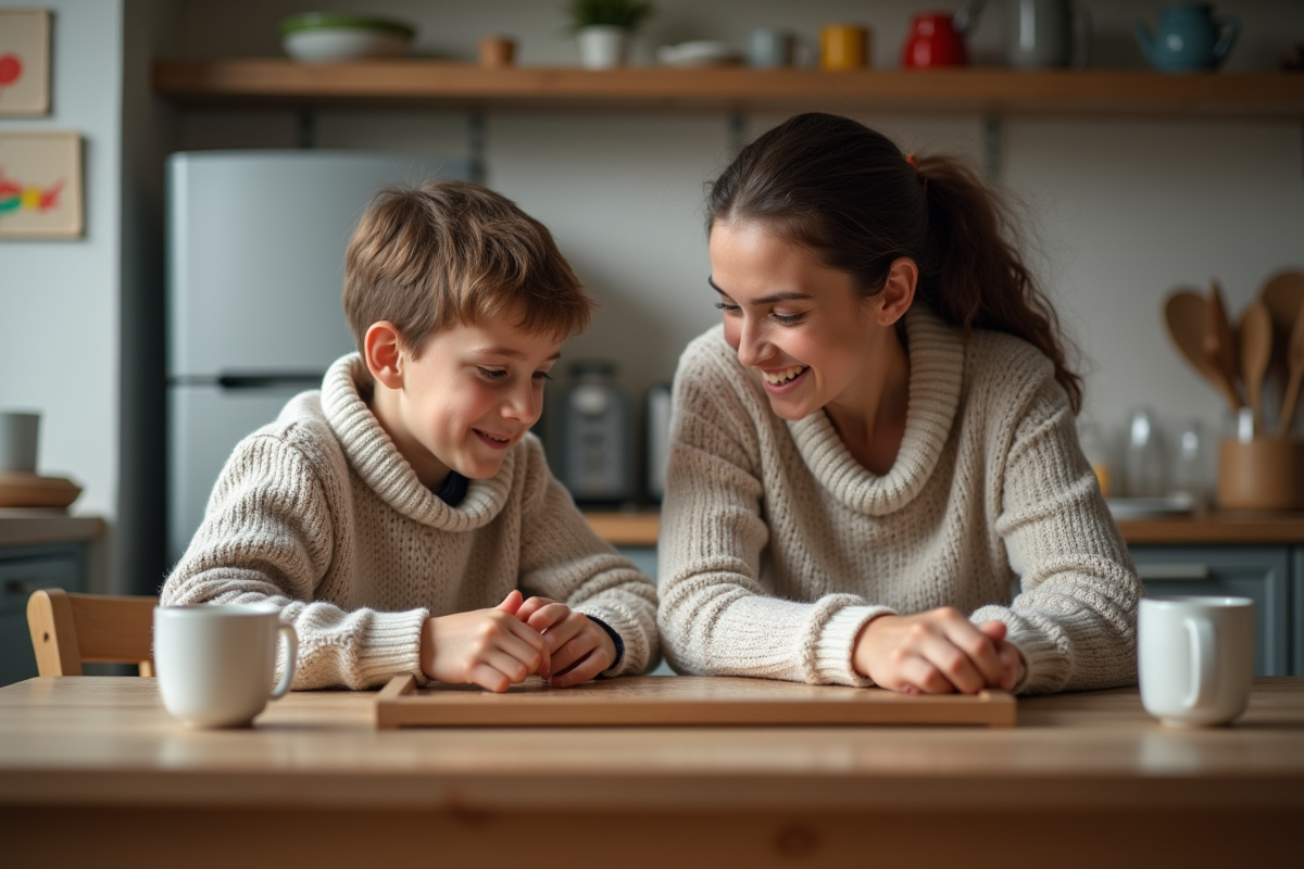 Jeune garçon et sa mère jouent à un jeu de société à la maison