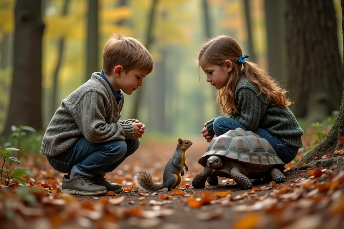 Enfants regardant un écureuil et une tortue