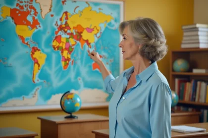 Enseignante de géographie pointant une carte du monde de Mercator dans une salle de classe, illustrant la déformation des superficies des pays