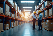 Entrepot moderne avec blockchain survolant l inventaire
