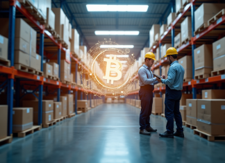 Blockchain : améliorer transparence gestion chaîne approvisionnement ? Entrepot moderne avec blockchain survolant l inventaire