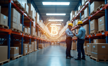 Entrepot moderne avec blockchain survolant l inventaire