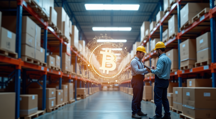 Blockchain : améliorer transparence gestion chaîne approvisionnement ? Entrepot moderne avec blockchain survolant l inventaire